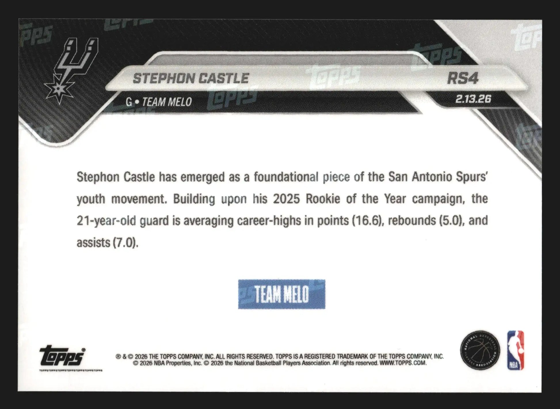 2025-26 Topps NOW Stephon Castle #RS4 San Antonio Spurs Rising Stars - Basketball Card Single