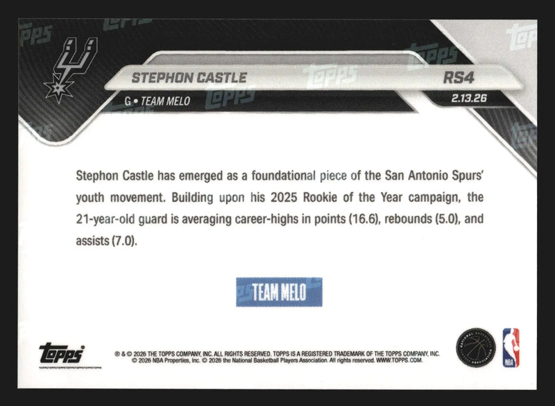 2025-26 Topps NOW Stephon Castle #RS4 San Antonio Spurs Rising Stars - Basketball Card Single