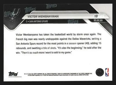 2025-26 Topps NOW Victor Wembanyama #19 Spurs He’s Back Out of This World - Basketball Card Single
