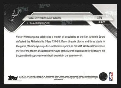 2025-26 Topps NOW Victor Wembanyama #191 Spurs DPOM POTM Same Month - Basketball Card Single