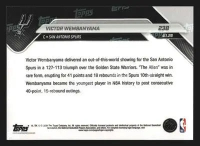 2025-26 Topps NOW Victor Wembanyama #238 Spurs Consecutive 40/15 Games - Basketball Card Single