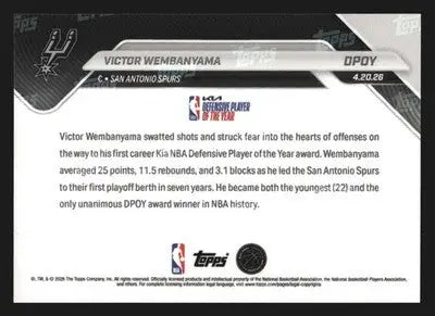 2025-26 Topps NOW Victor Wembanyama #DPOY Spurs First Unanimous NBA DPOY - Basketball Card Single