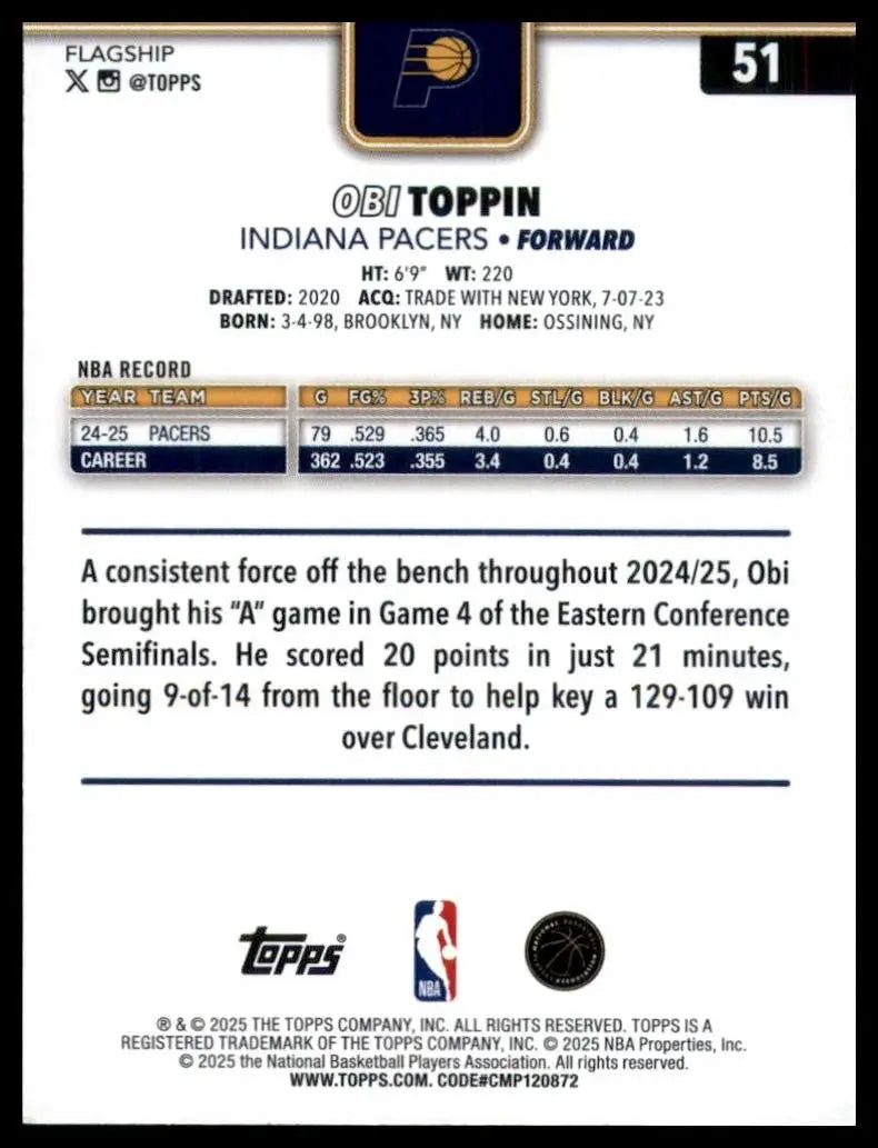 2025-26 Topps Obi Toppin #51 Indiana Pacers Basketball Card NBA Sports - Basketball Card Single