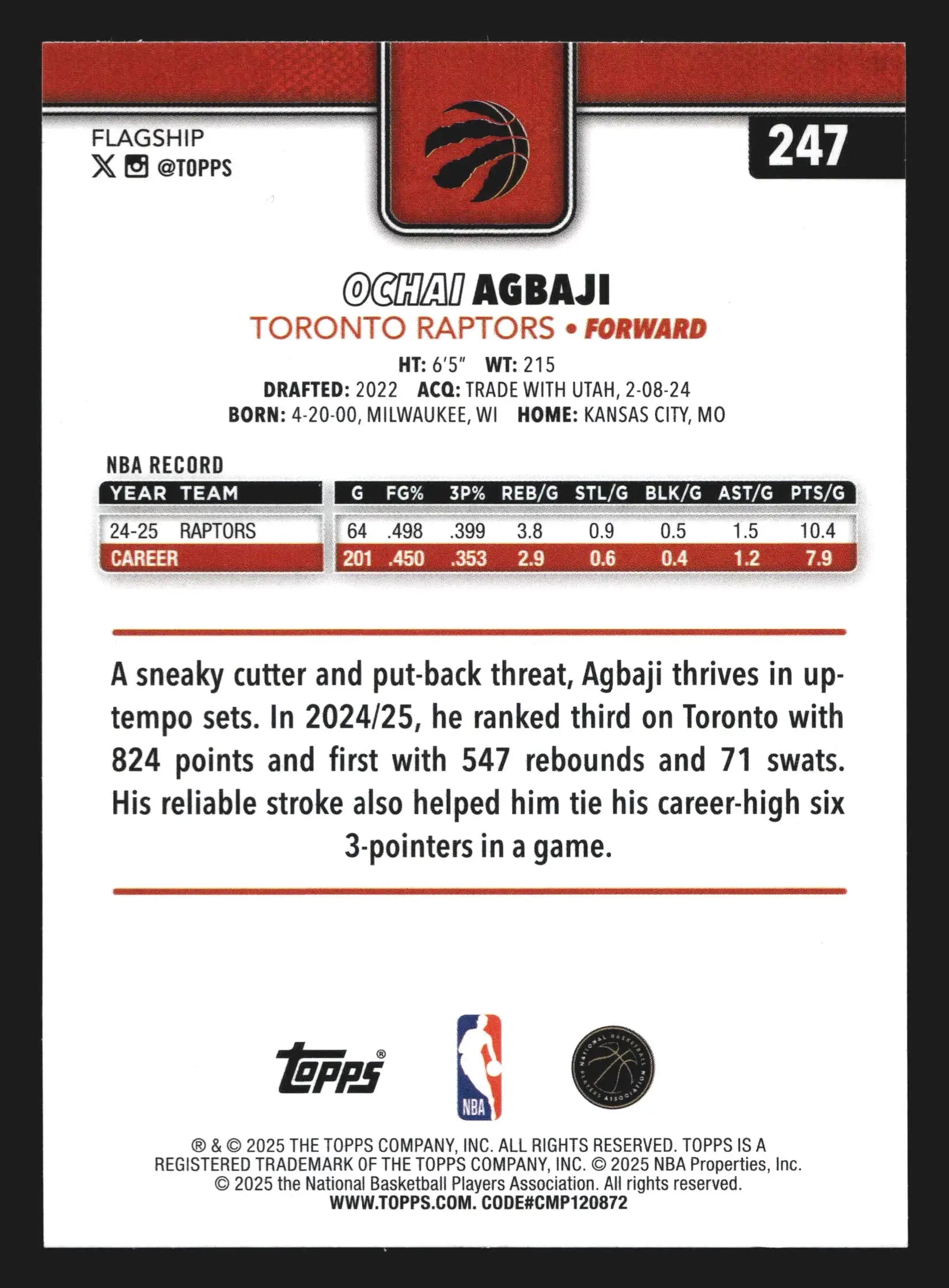 2025-26 Topps Ochai Agbaji #247 Toronto Raptors