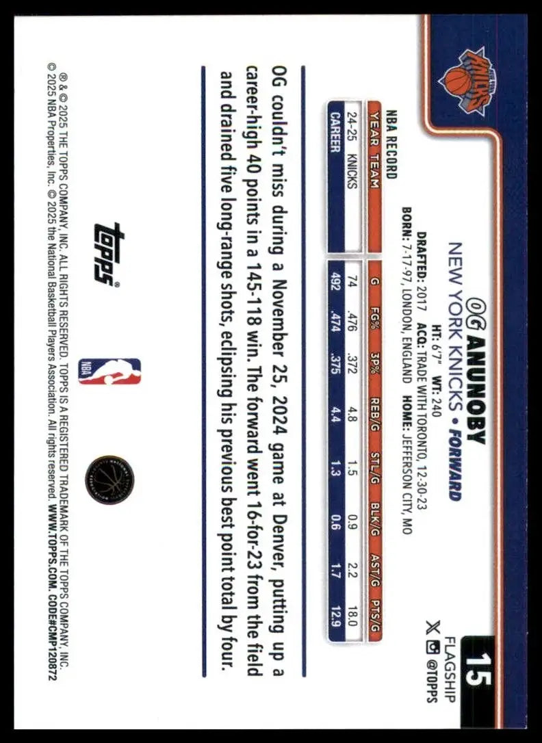 2025-26 Topps OG Anunoby #15 New York Knicks Basketball Card NBA Sports - Basketball Card Single