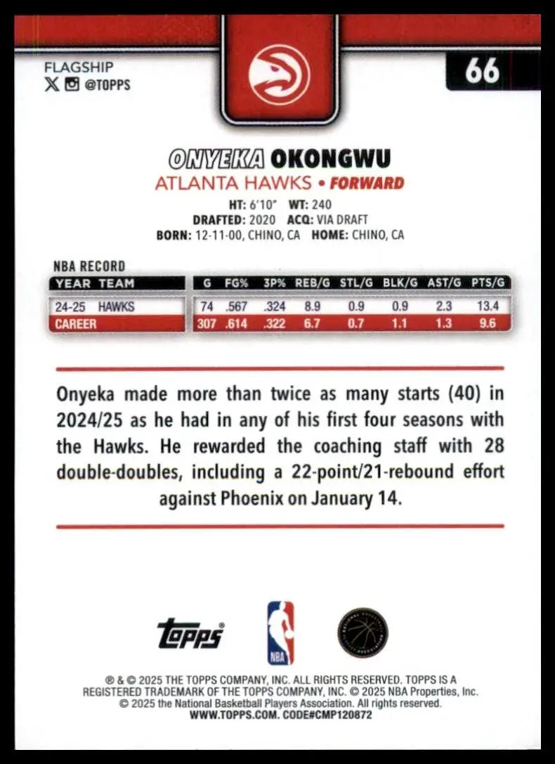 2025-26 Topps Onyeka Okongwu #66 Atlanta Hawks Basketball Card NBA Sports - Basketball Card Single
