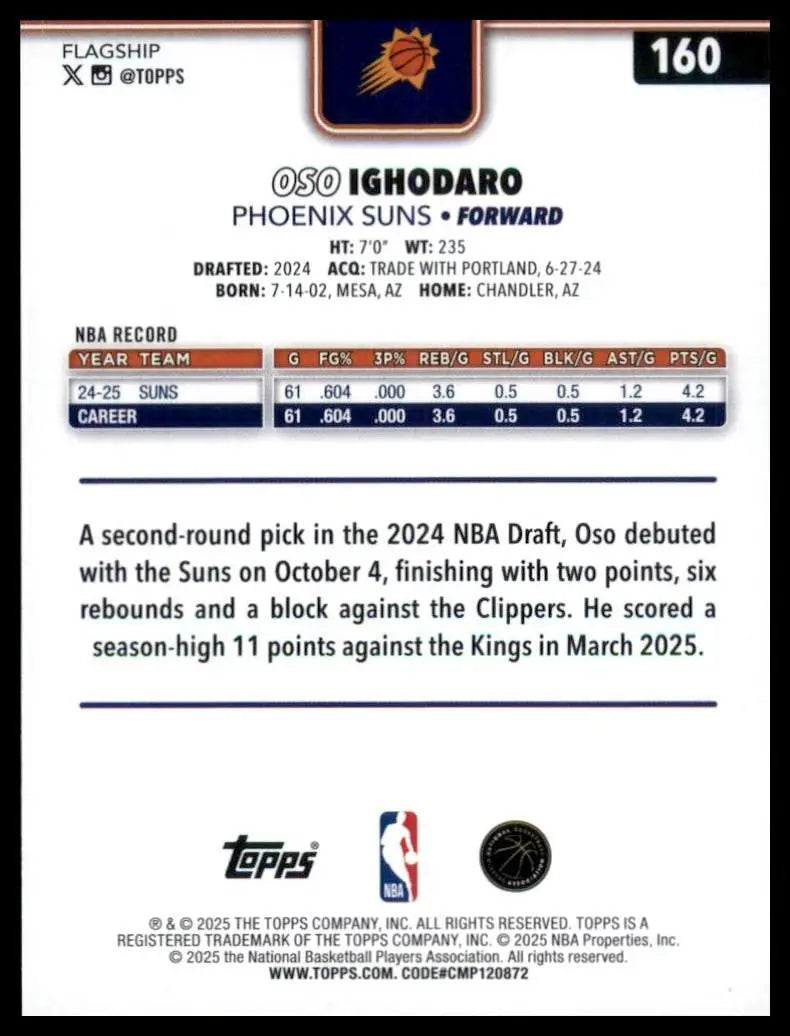 2025-26 Topps Oso Ighodaro #160 Phoenix Suns Basketball Card NBA Sports - Trading Card