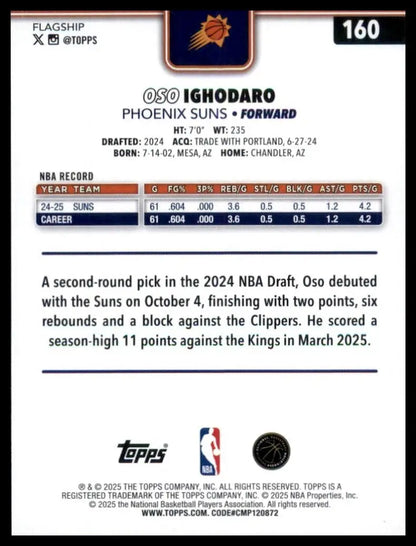 2025-26 Topps Oso Ighodaro #160 Phoenix Suns Basketball Card NBA Sports - Trading Card