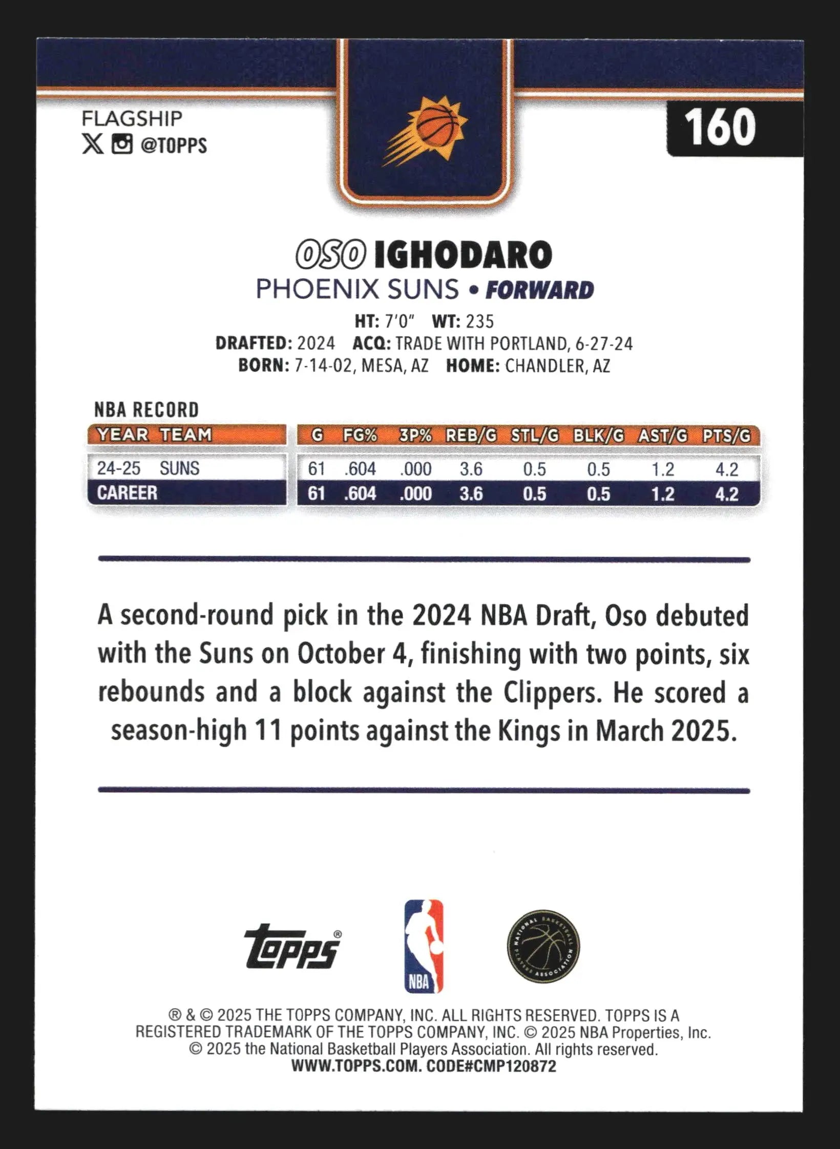 2025-26 Topps Oso Ighodaro #160 Phoenix Suns - Basketball Card Single