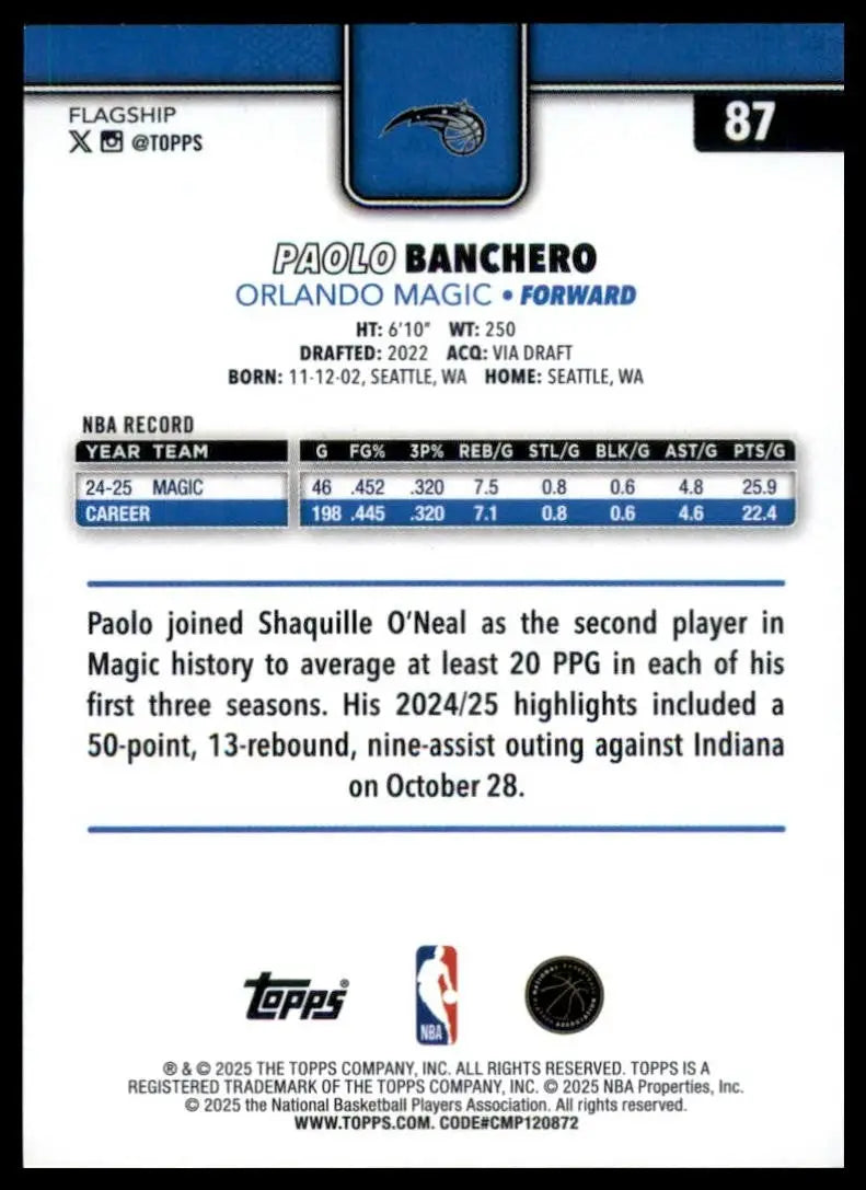 2025-26 Topps Paolo Banchero #87 Orlando Magic Basketball Card NBA Sports - Basketball Card Single