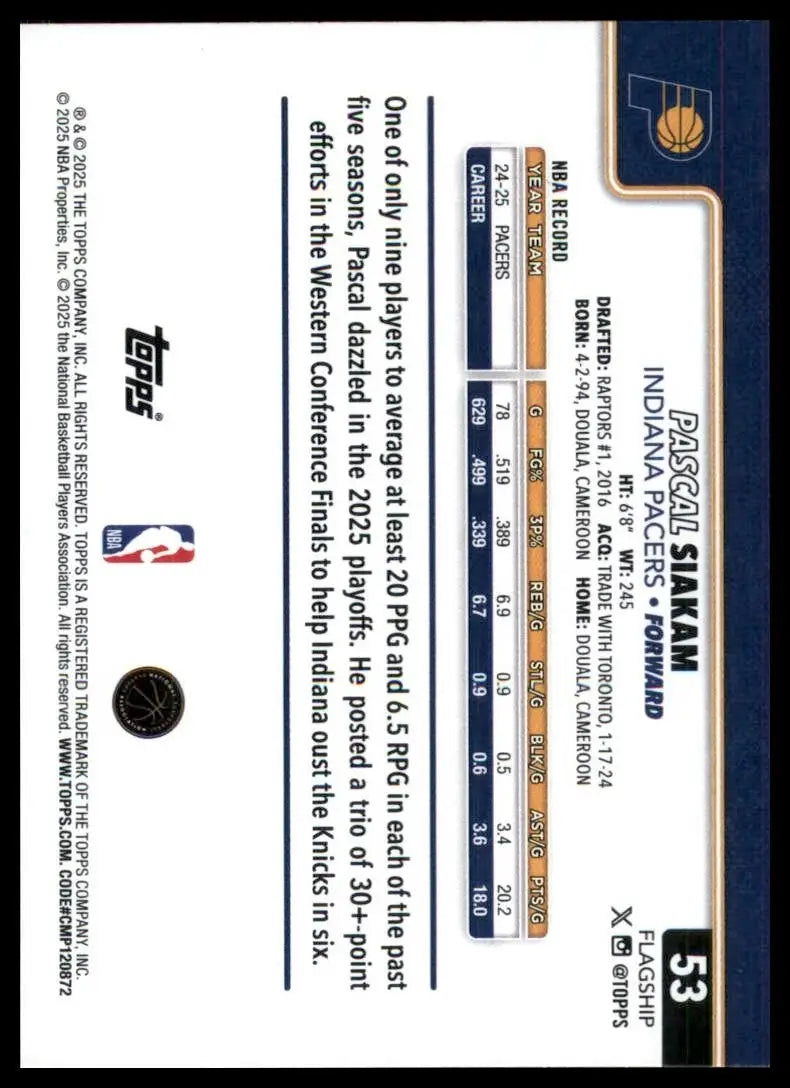 2025-26 Topps Pascal Siakam #53 Indiana Pacers Basketball Card NBA Sports - Basketball Card Single