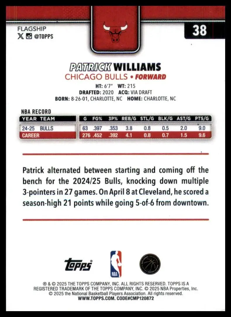 2025-26 Topps Patrick Williams #38 Chicago Bulls Basketball Card NBA Sports - Basketball Card Single