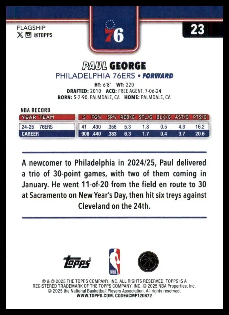 2025-26 Topps Paul George #23 Philadelphia 76ers Basketball Card NBA Sports - Basketball Card Single