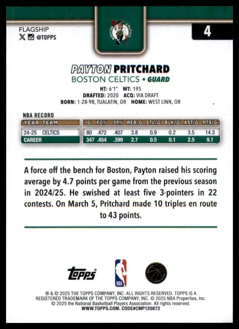 2025-26 Topps Payton Pritchard #4 Boston Celtics Basketball Card NBA Sports - Basketball Card Single