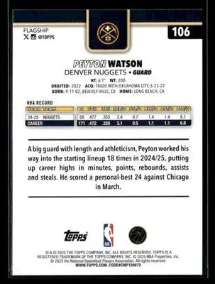2025-26 Topps Peyton Watson #106 Base Denver Nuggets - Basketball Card Single