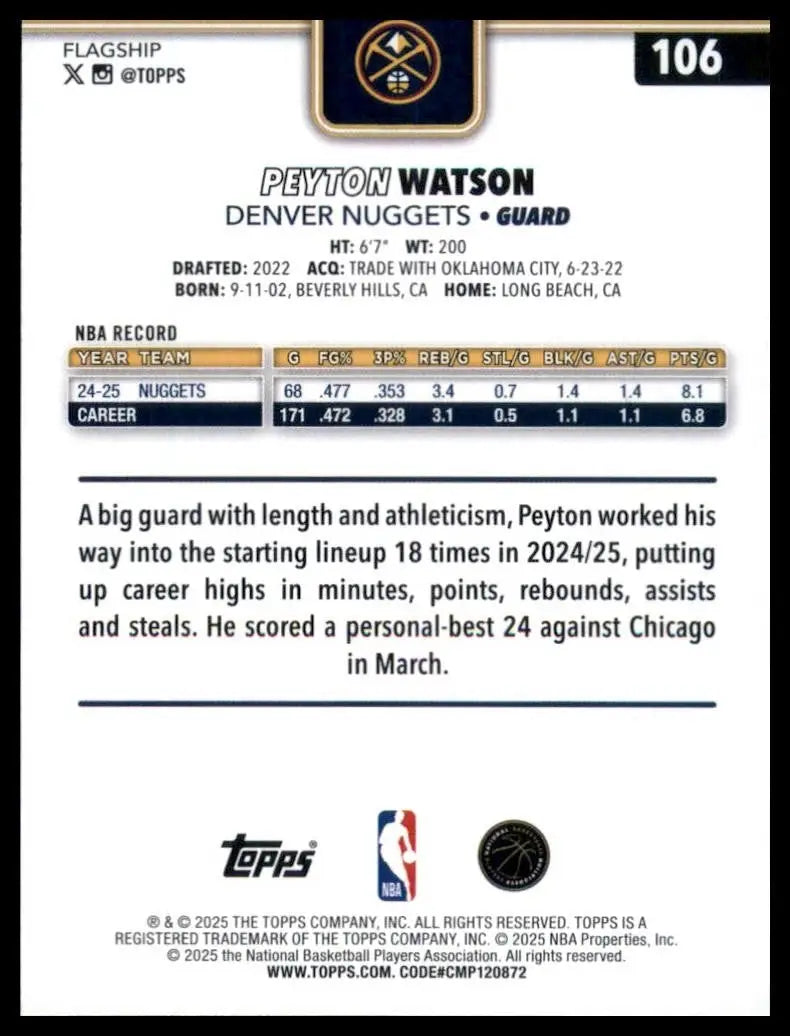 2025-26 Topps Peyton Watson #106 Denver Nuggets Basketball Card NBA Sports