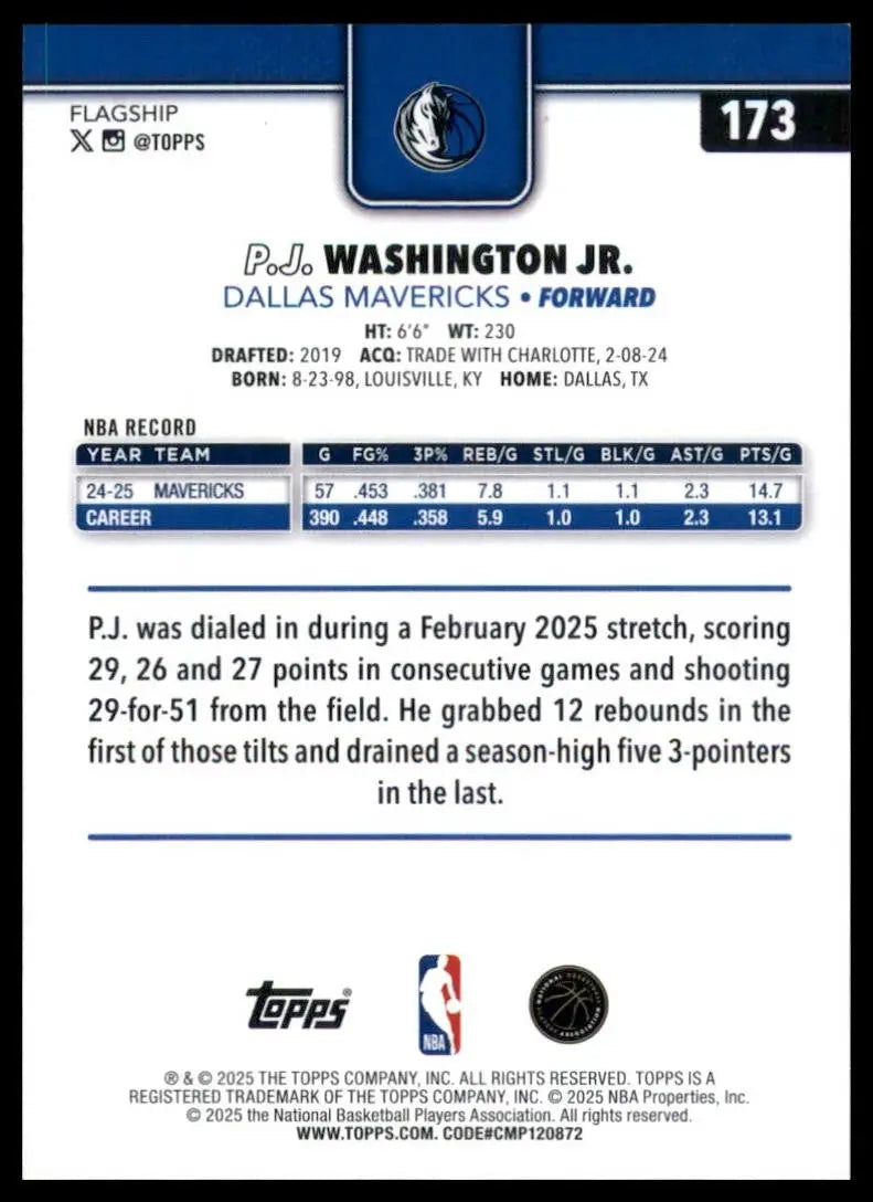 2025-26 Topps PJ Washington #173 Dallas Mavericks Basketball Card NBA Sports - Basketball Card