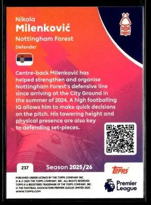 2025-26 Topps Premier League #237 Nikola Milenković - Soccer Card Single
