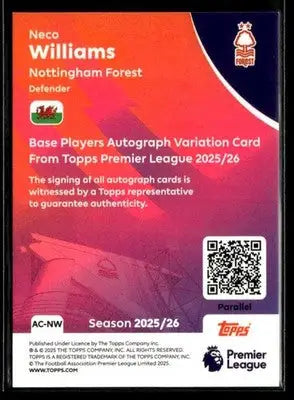 2025-26 Topps Premier League #AC-NW Neco Williams Autographs Orange Foil #19/25 - Soccer Card Single