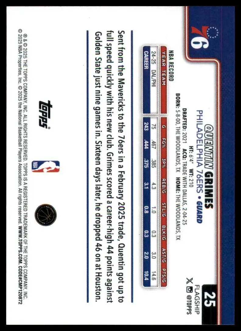 2025-26 Topps Quentin Grime #25 Philadelphia 76ers Basketball Card NBA Sports - Basketball Card Single