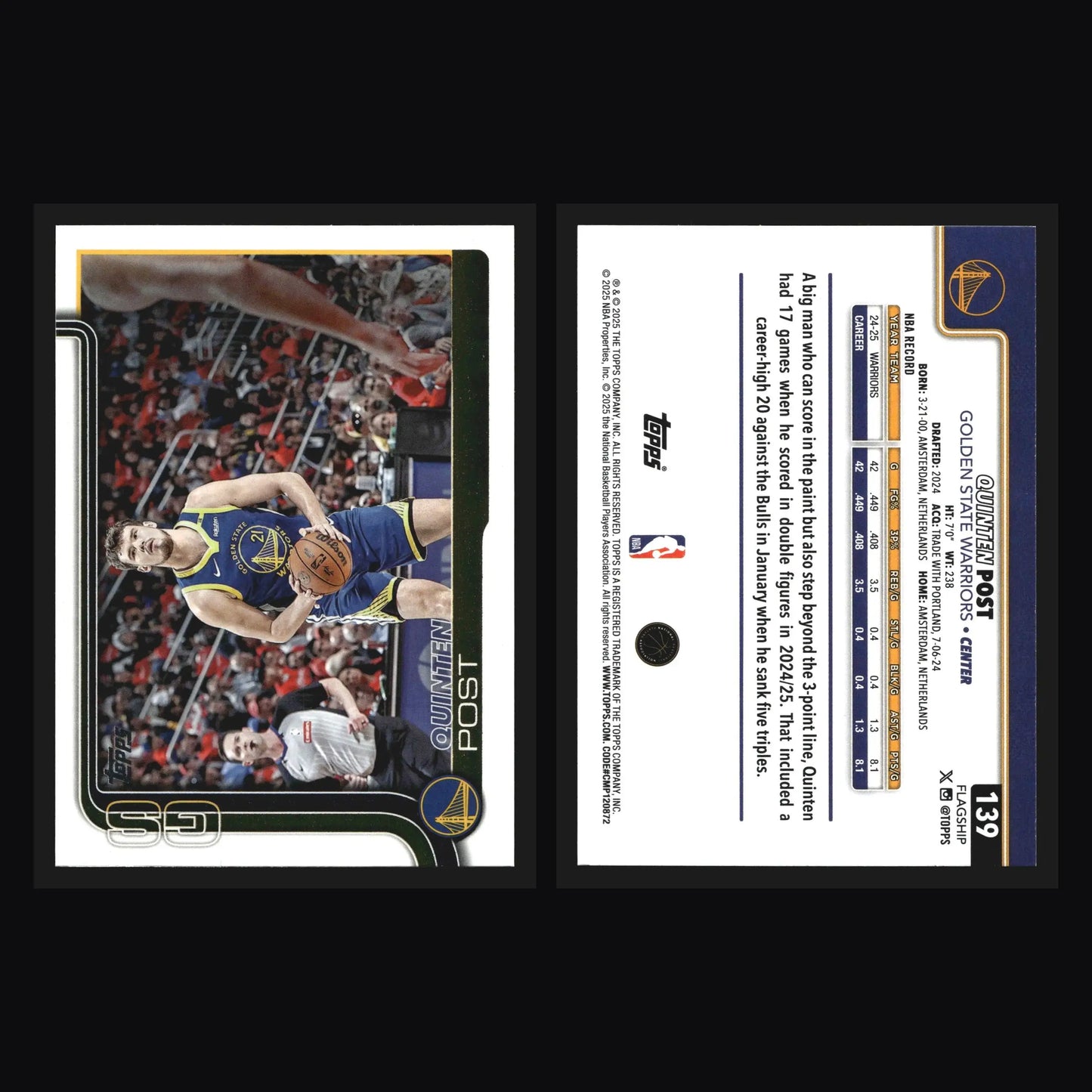 2025-26 Topps Quinten Post #139 Golden State Warriors - Basketball Card Single