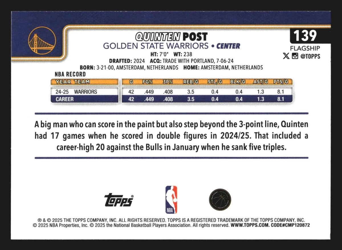 2025-26 Topps Quinten Post #139 Golden State Warriors - Basketball Card Single