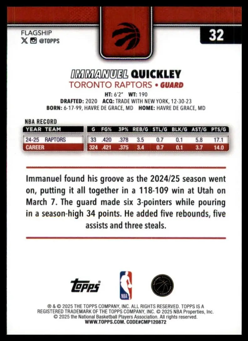 2025-26 Topps Rainbow Foil Immanuel Quickley #32 Toronto Raptors Basketball Card - Basketball Card Single