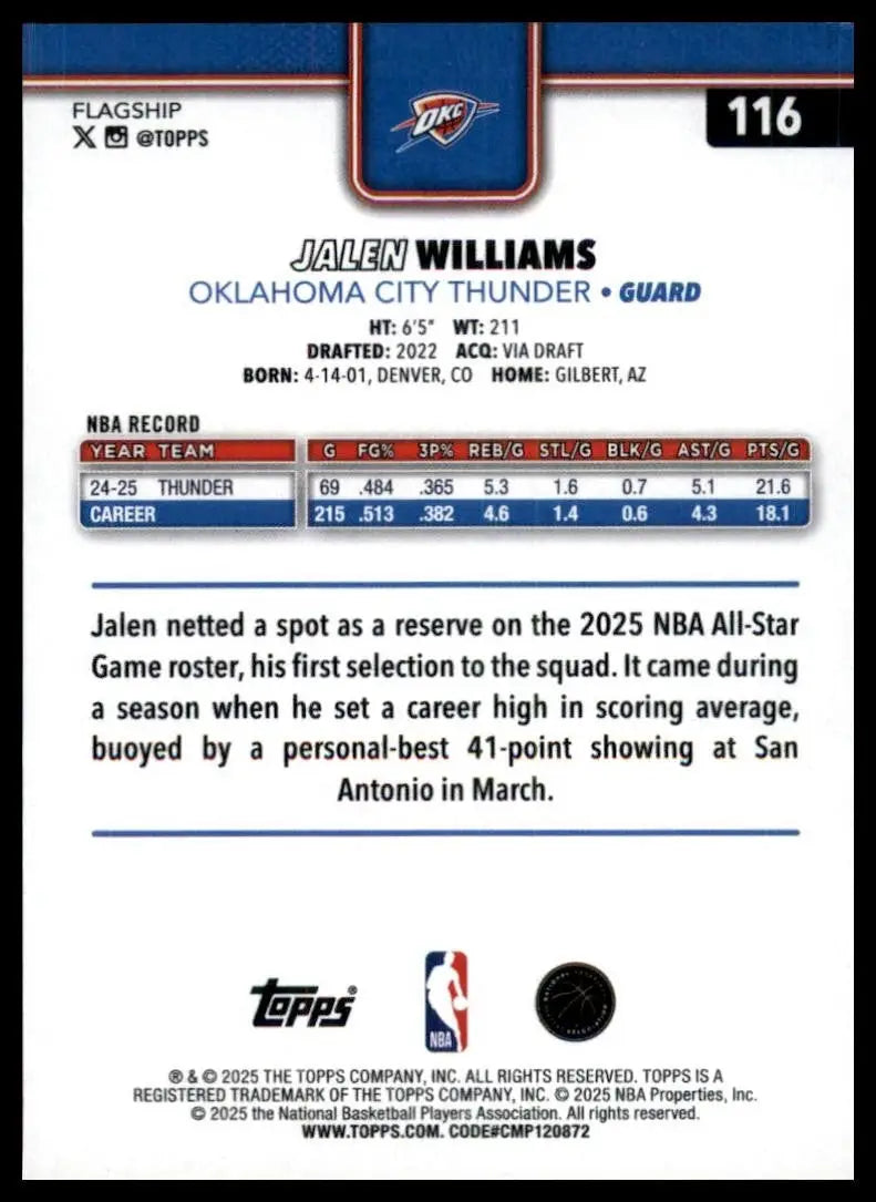 2025-26 Topps Rainbow Foil Jalen Williams #116 Oklahoma City Thunder Basketball - Basketball Card Single