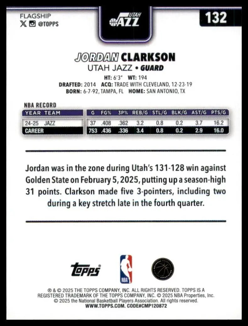 2025-26 Topps Rainbow Foil Jordan Clarkson #132 Utah Jazz Basketball Card NBA - Basketball Card Single