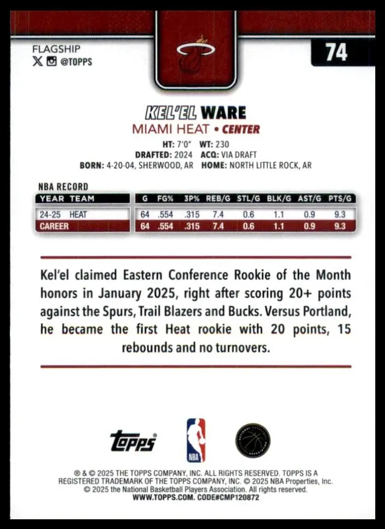 2025-26 Topps Rainbow Foil Kelel Ware #74 Miami Heat Basketball Card NBA Sports