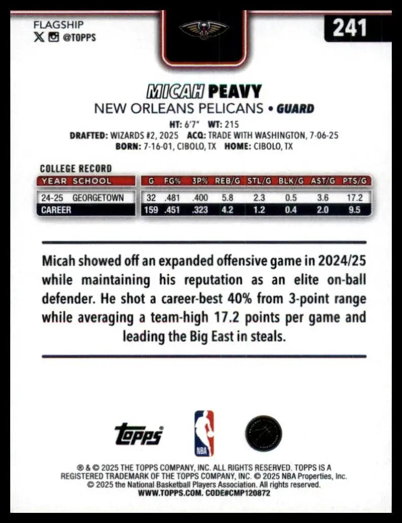 2025-26 Topps Rainbow Foil Micah Peavy Rookie #241 New Orleans Pelicans Card NBA - Basketball Card Single