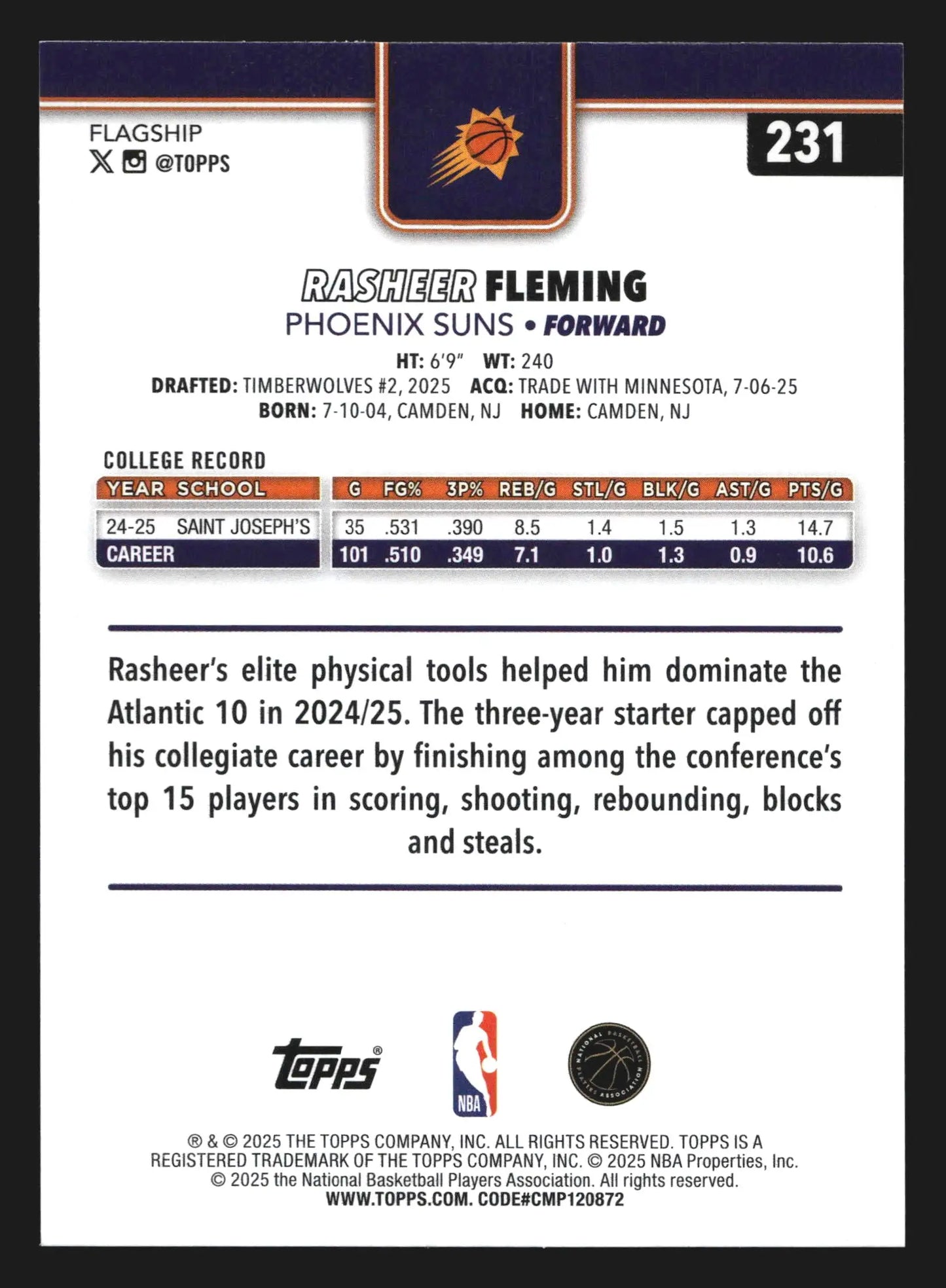 2025-26 Topps Rasheer Fleming #231 RC Phoenix Suns - Basketball Card Single
