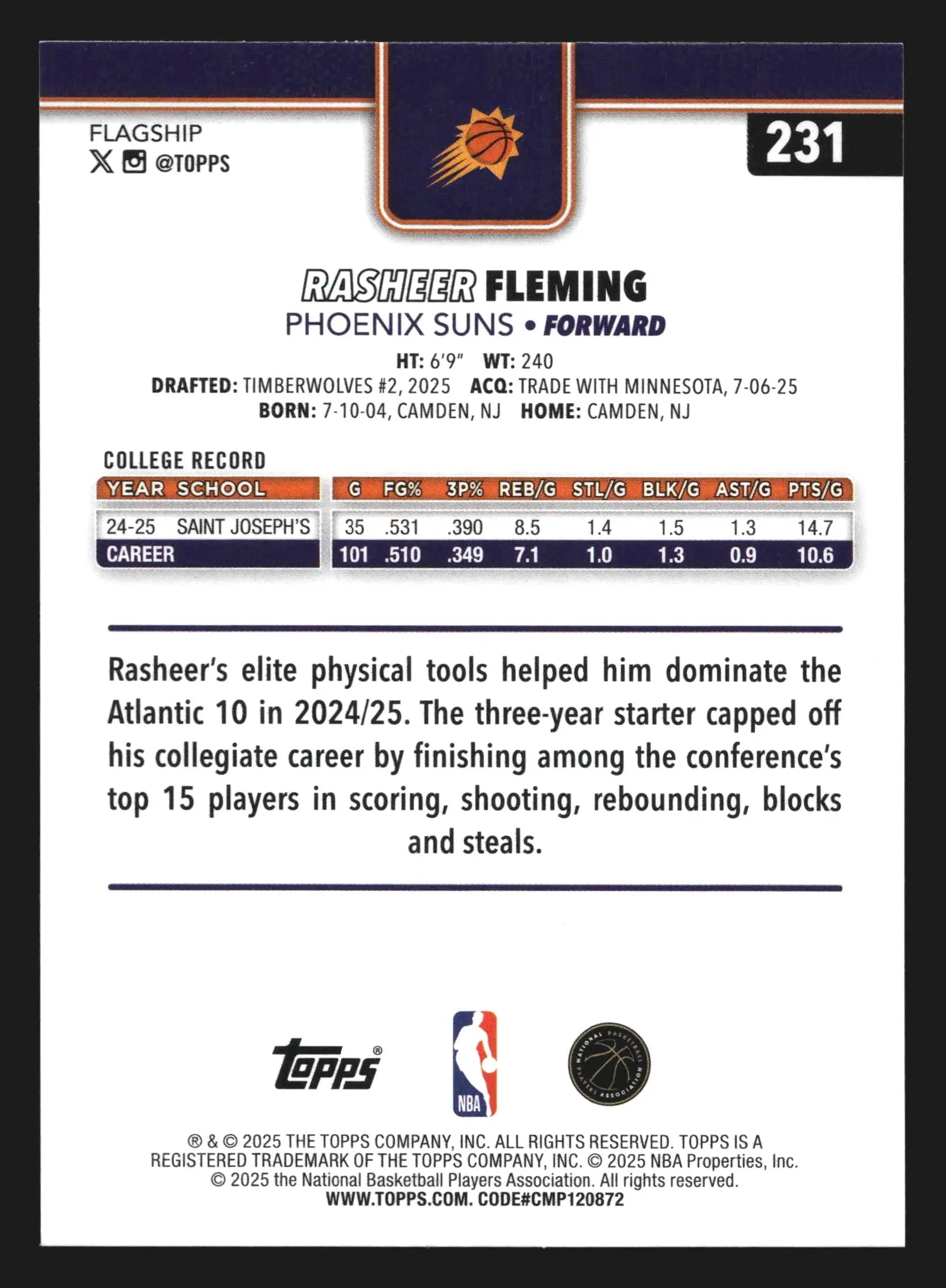 2025-26 Topps Rasheer Fleming #231 RC Phoenix Suns - Basketball Card Single
