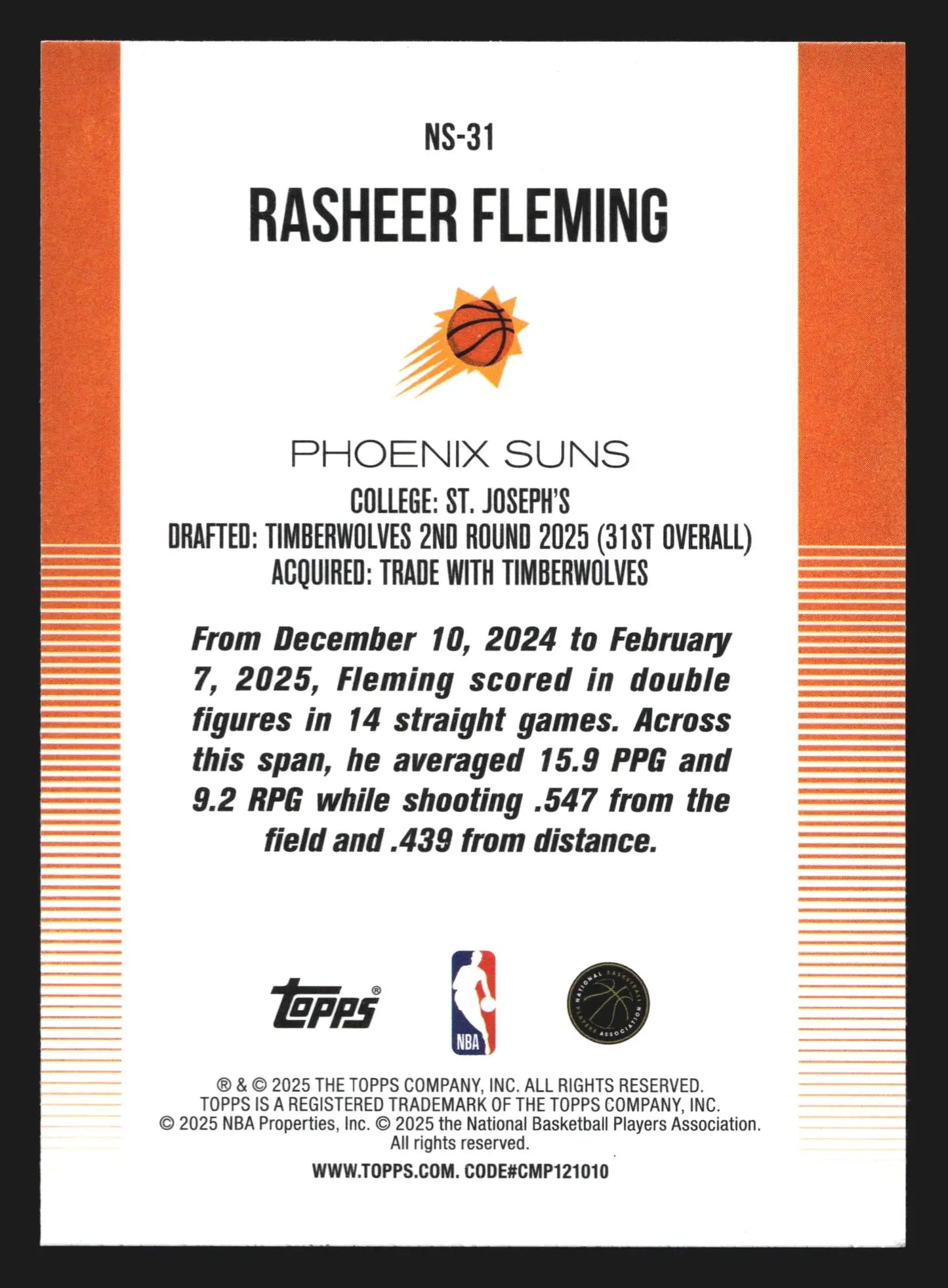 2025-26 Topps Rasheer Fleming #NS-31 New School Insert RC Phoenix Suns - Basketball Card Single