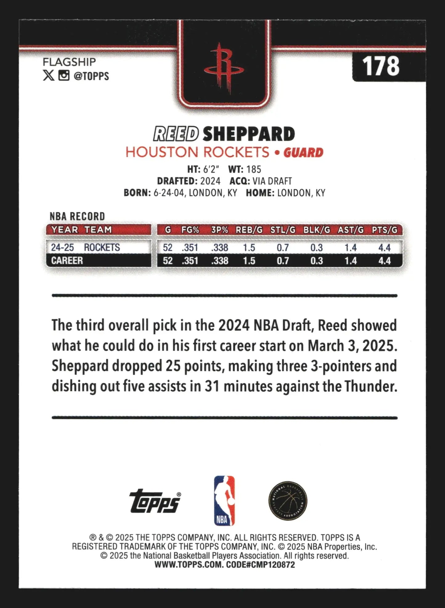 2025-26 Topps Reed Sheppard #178 Houston Rockets - Basketball Card Single