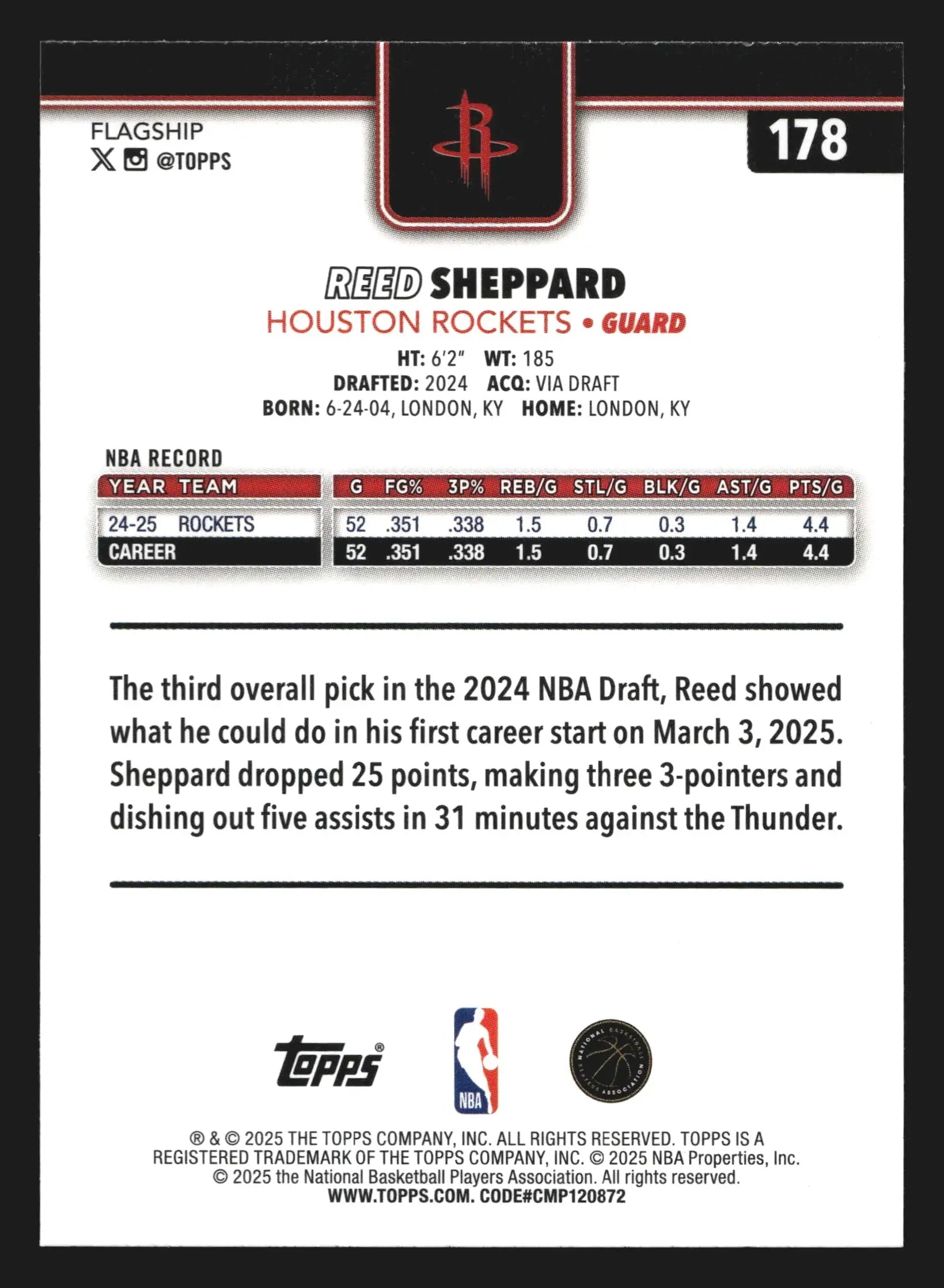 2025-26 Topps Reed Sheppard #178 Houston Rockets - Basketball Card Single