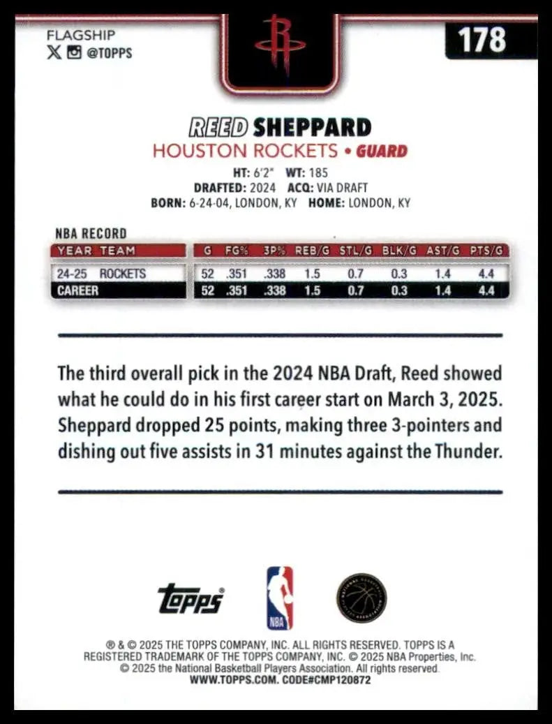 2025-26 Topps Reed Sheppard #178 Houston Rockets Basketball Card NBA Sports - Basketball Card Single