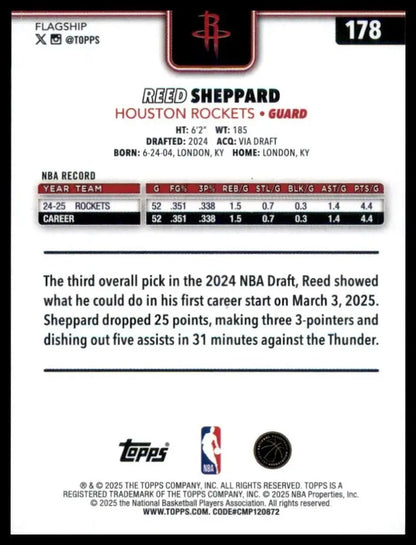 2025-26 Topps Reed Sheppard #178 Houston Rockets Basketball Card NBA Sports - Trading Card