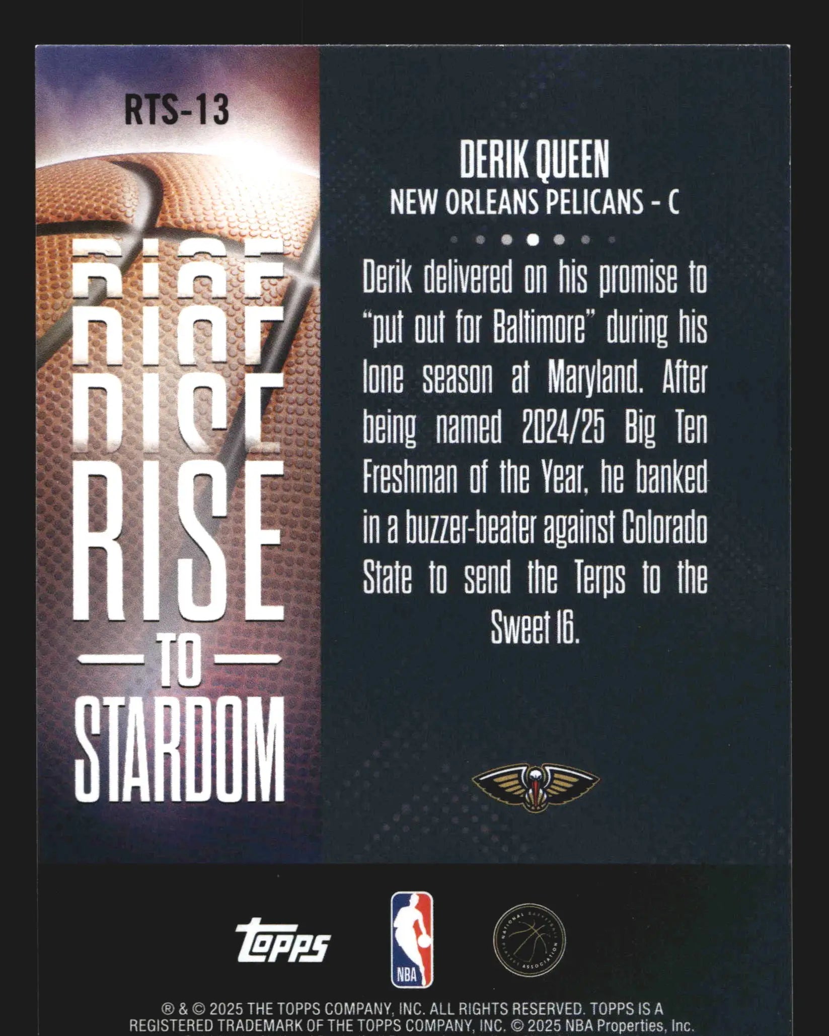 2025-26 Topps Rise to Stardom Derik Queen #RTS-13 Insert RC Pelicans