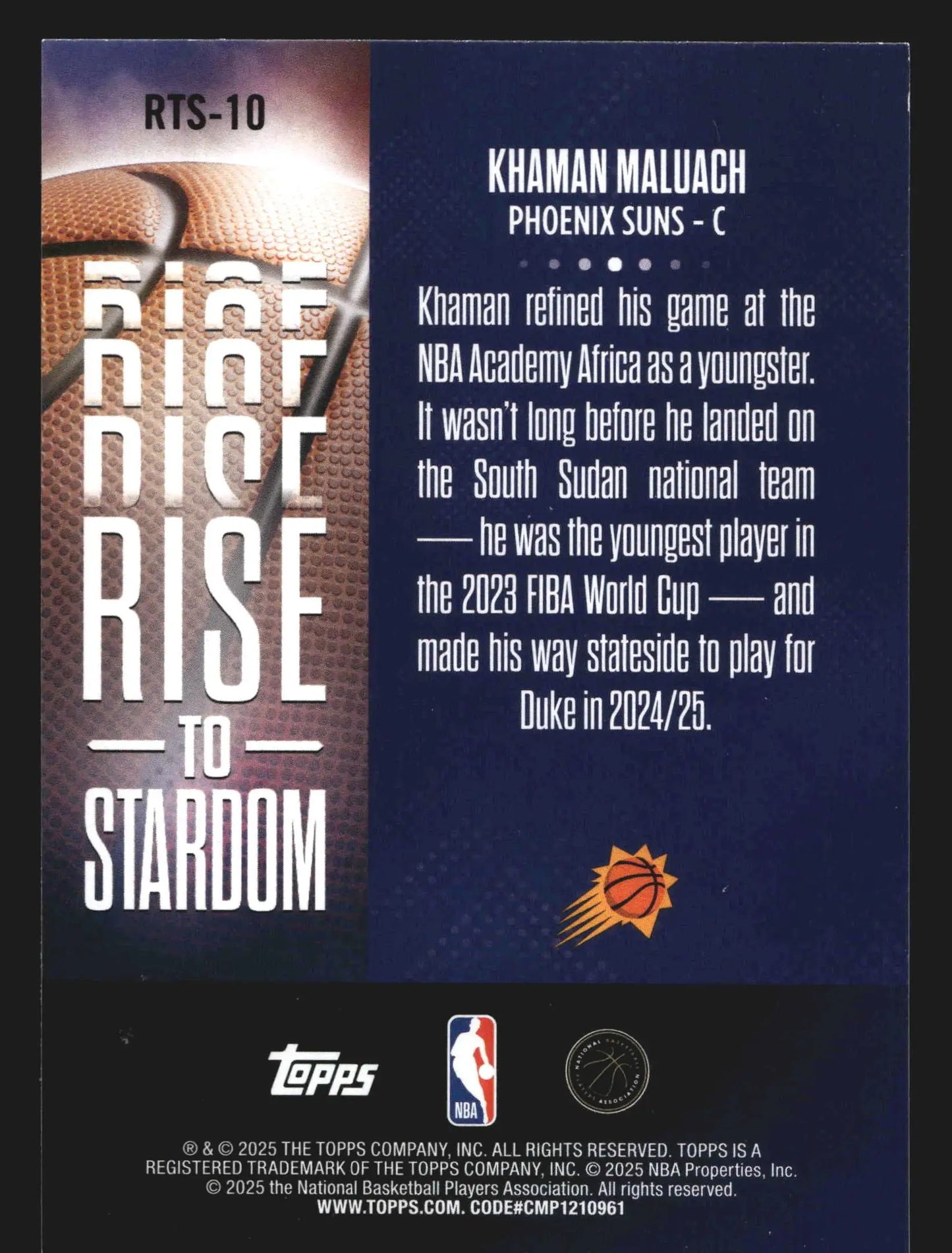2025-26 Topps Rise to Stardom Khaman Maluach #RTS-10 Suns RC - Basketball Card Single