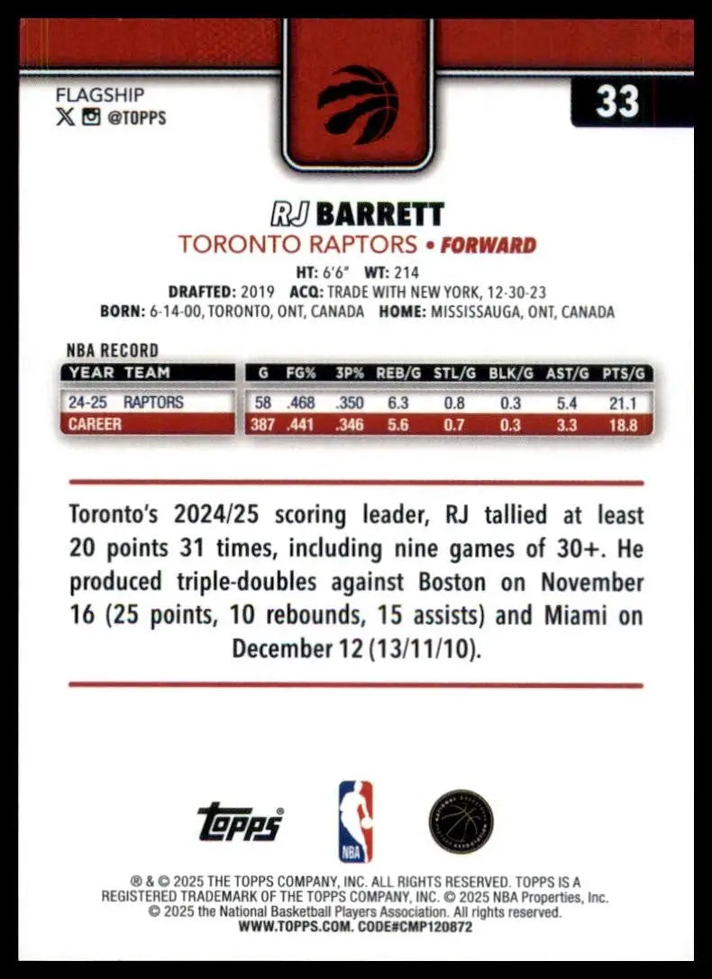 2025-26 Topps RJ Barrett #33 Toronto Raptors Basketball Card NBA Sports - Basketball Card Single