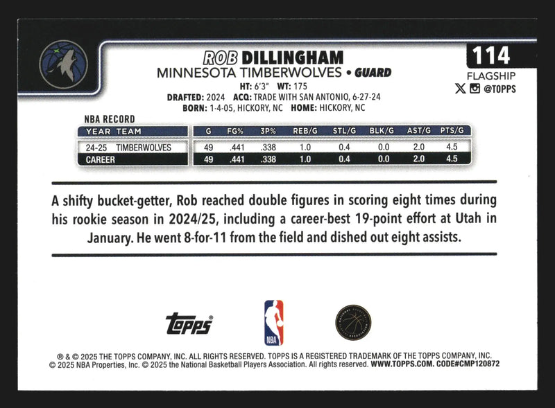 2025-26 Topps Rob Dillingham #114 Minnesota Timberwolves - Basketball Card Single