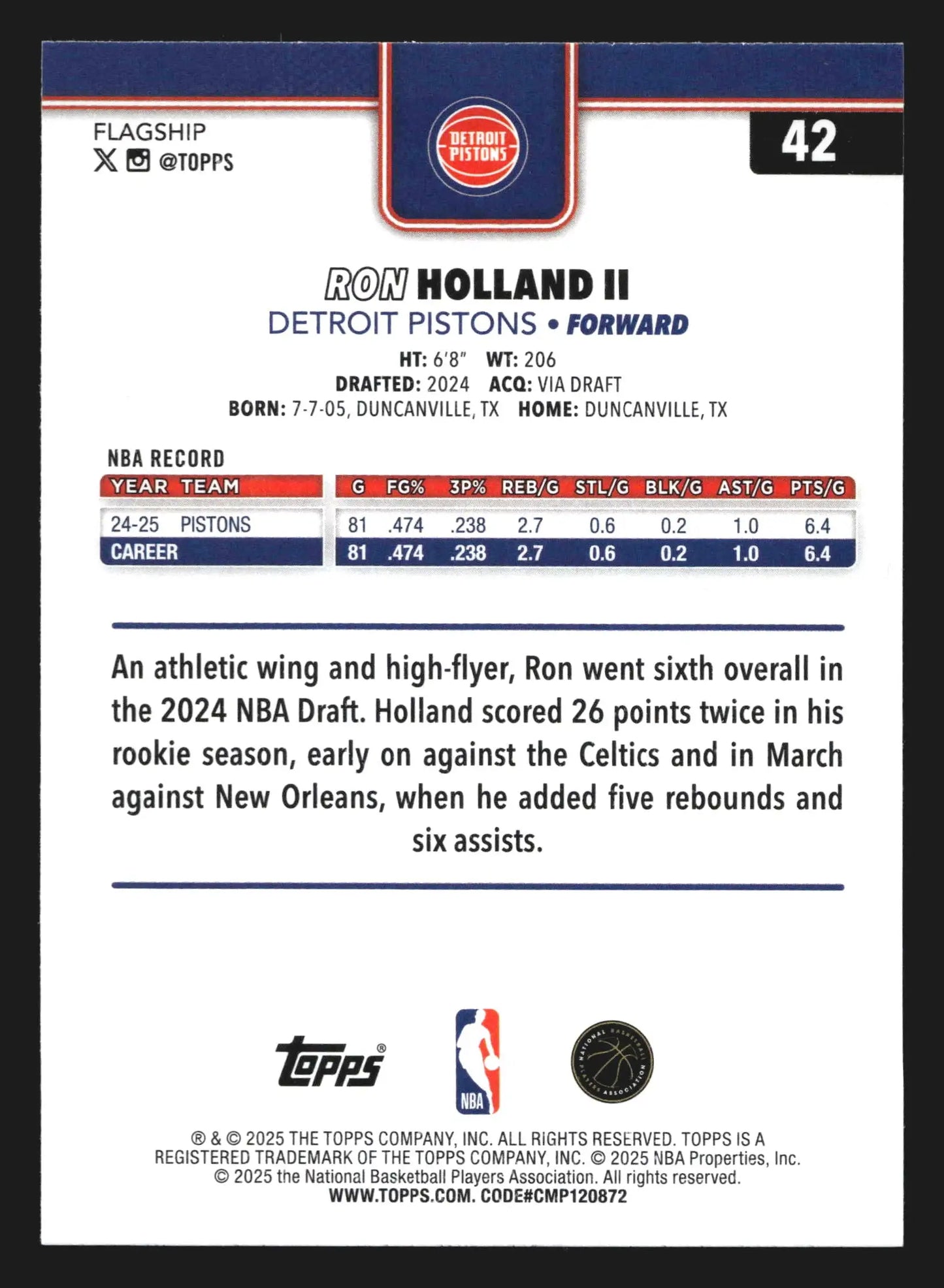 2025-26 Topps Ron Holland II #42 Detroit Pistons