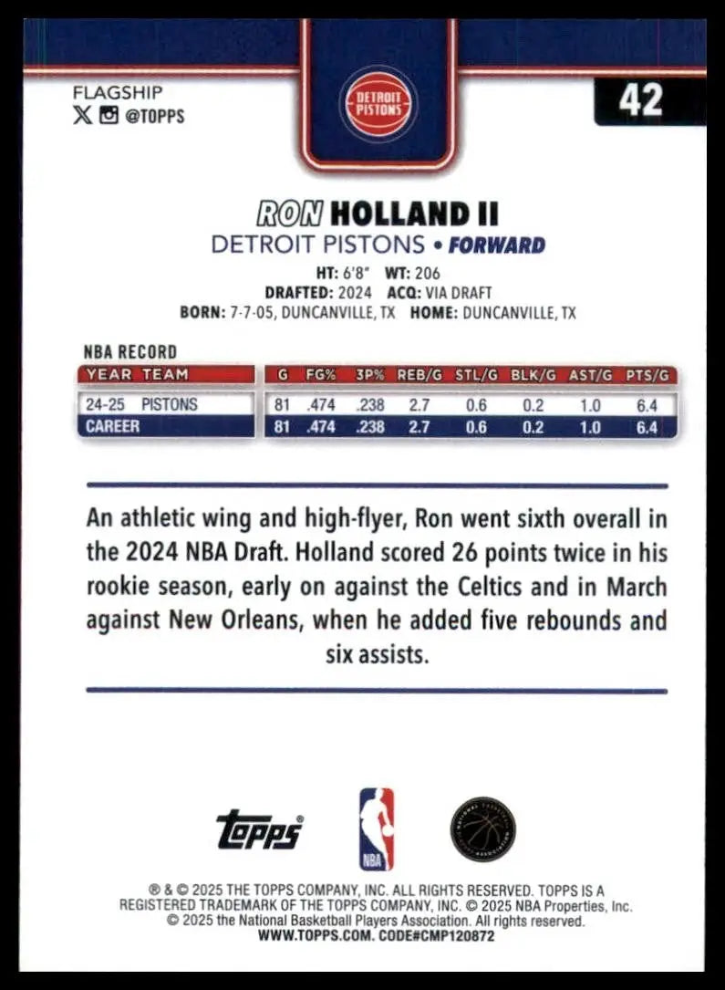 2025-26 Topps Ron Holland II #42 Detroit Pistons Basketball Card NBA Sports - Basketball Card Single
