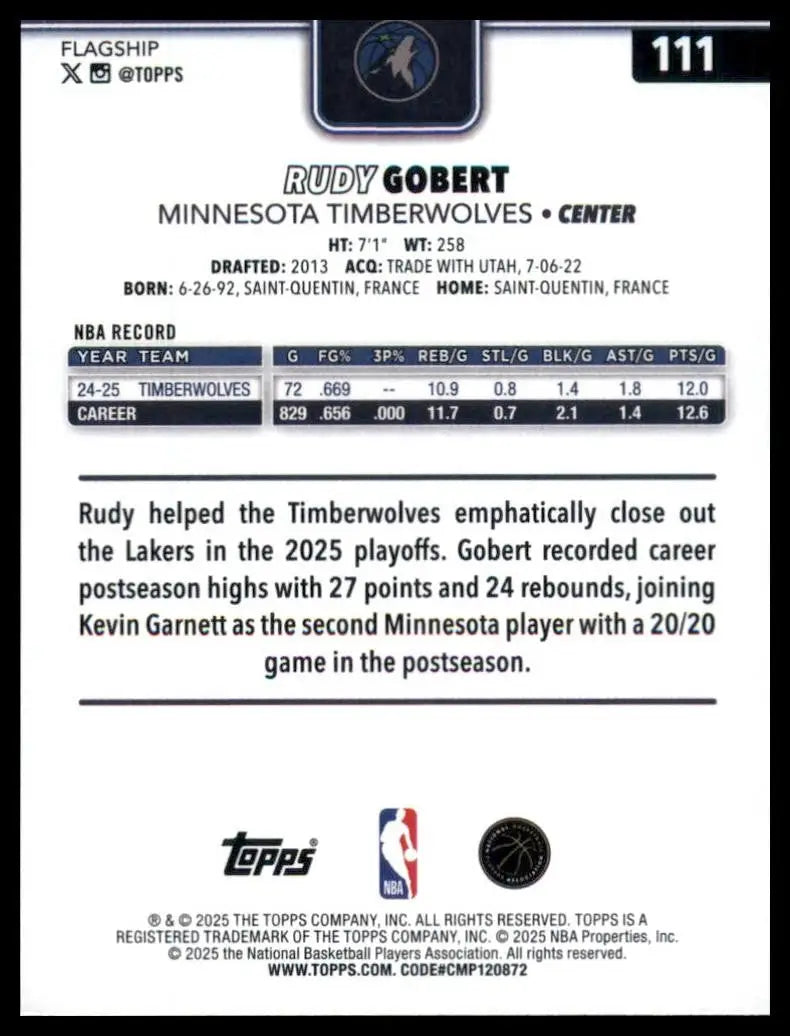 2025-26 Topps Rudy Gobert #111 Minnesota Timberwolves Basketball Card NBA Sports - Basketball Card Single