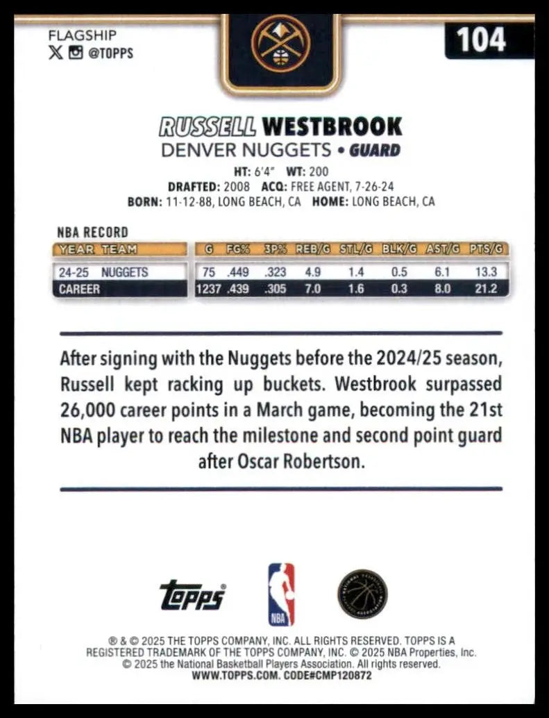 2025-26 Topps Russell Westbrook #104 Denver Nuggets Basketball Card NBA Sports - Basketball Card Single