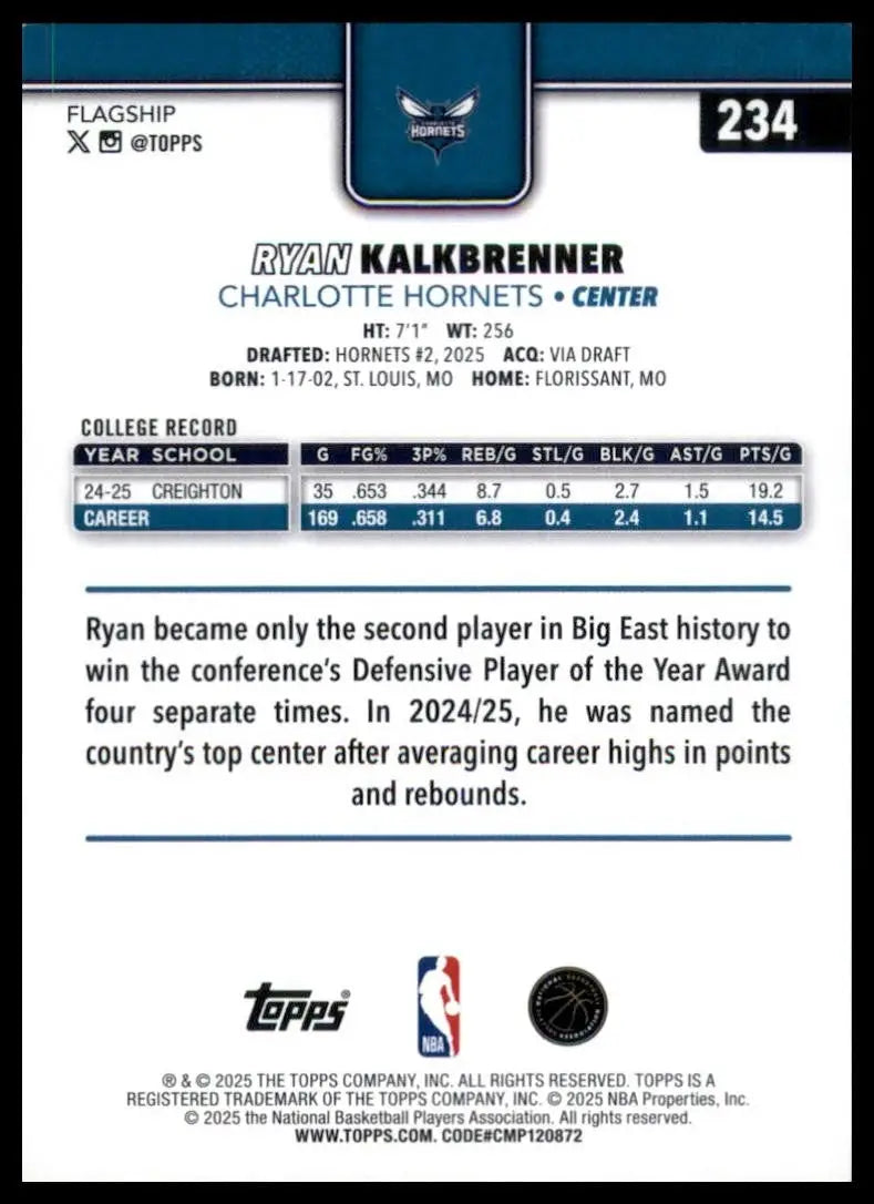 2025-26 Topps Ryan Kalkbrenner Rookie #234 Charlotte Hornets Basketball Card NBA