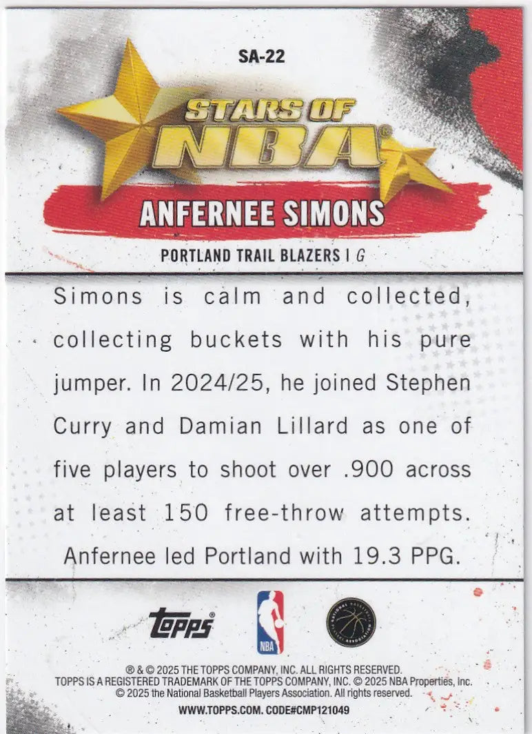 2025-26 TOPPS #SA-22 ANFERNEE SIMONS STARS OF NBA- PORTLAND TRAIL BLAZERS - Basketball Card Single