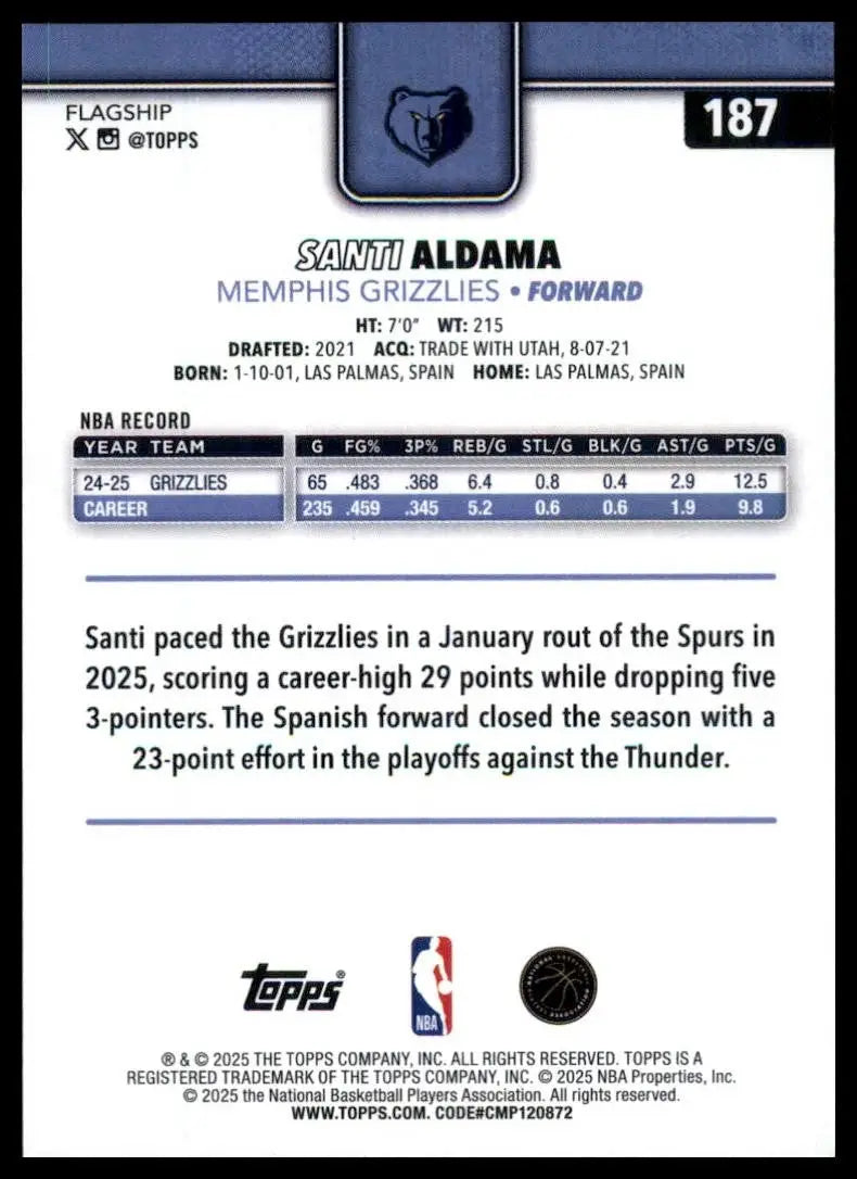 2025-26 Topps Santi Aldama #187 Memphis Grizzlies Basketball Card NBA Sports - Basketball Card Single