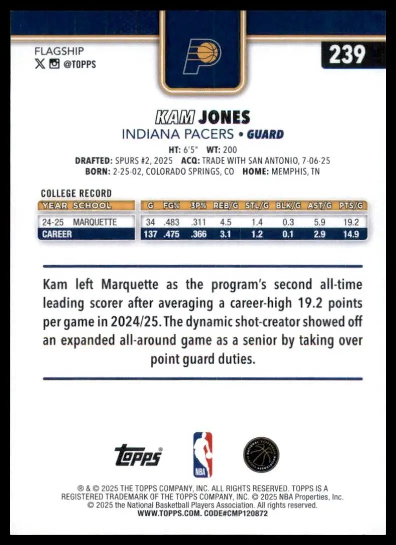 2025-26 Topps Season Tip Off Kam Jones Rookie #239 Indiana Pacers Basketball NBA